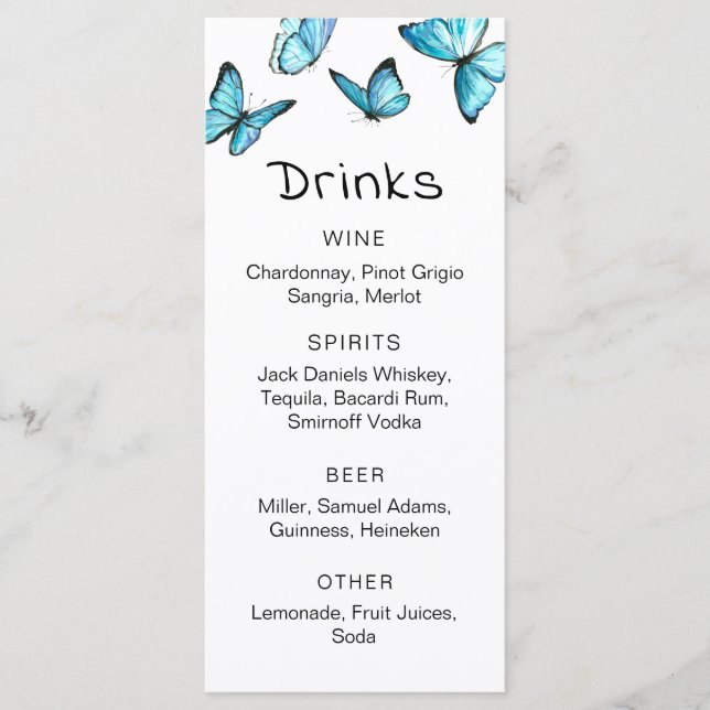 Menú Mariposas de color azul. Elegante bar boda M (Anverso)