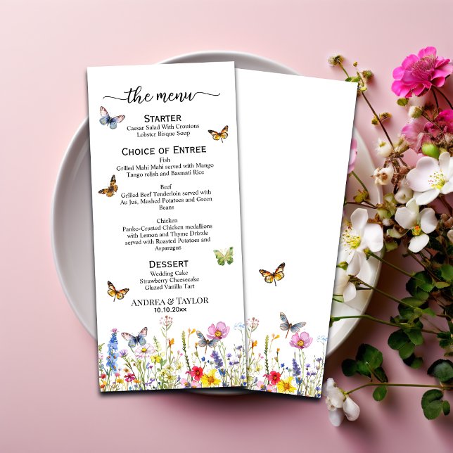 Menú Mariposas de flores silvestres Boda elegante 4x9'' (Subido por el creador)
