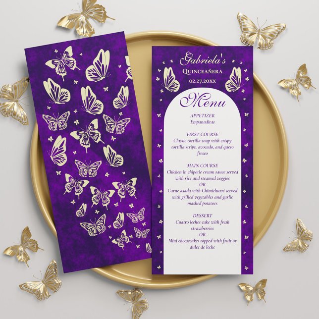 Menú Mariposas de oro morado Quinceañera 15º cumpleaños (Purple Gold Butterflies Quinceañera 15th Birthday Menu)