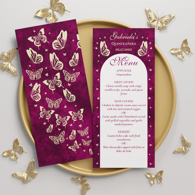 Menú Mariposas de oro rosa Quinceañera Chica Cumpleaños (Pink Gold Butterflies Quinceañera Girl Birthday Menu)