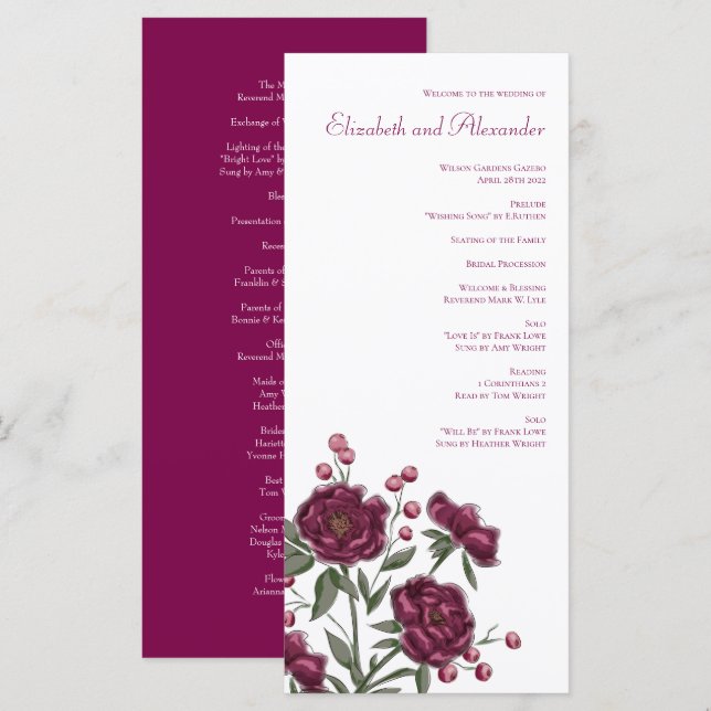 Menú Maroon Rose Wedding Programs (Anverso / Reverso)