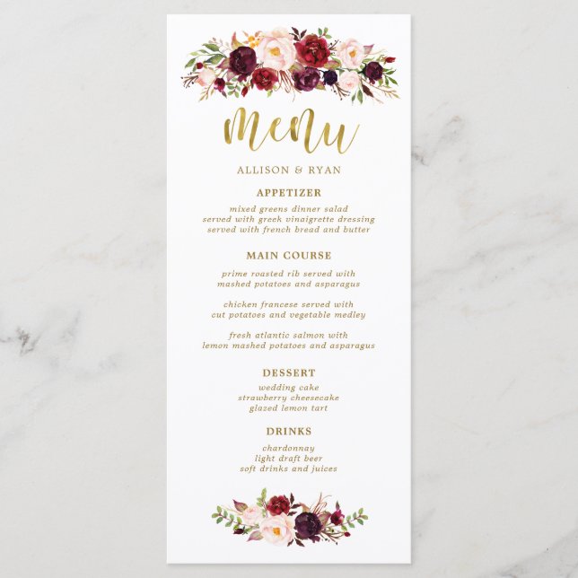 Menú Marsala Burgundy Flowers Boho Boda (Anverso)