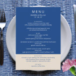 Menú Marseille Bleu Boda Cena de ensayo moderna<br><div class="desc">Estos menús de bodas personalizados de Marsella Bleu le servirán de escenario culinario para su celebración, desde la cena de ensayo hasta la recepción de bodas. La paleta de colores azul marino y crudo de dos tonalidades se presta a cualquier época del año, desde otoño o invierno hasta primavera y...</div>
