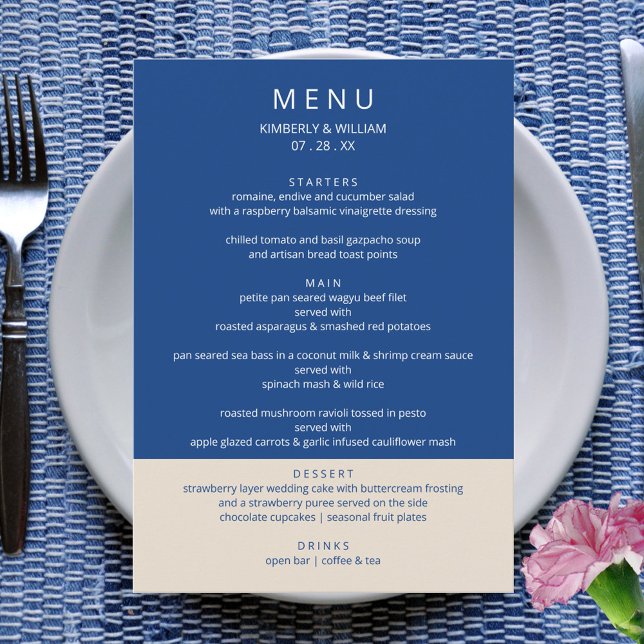 Menú Marseille Bleu Boda Cena de ensayo moderna (Marseille Bleu Modern Wedding Menu - Custom Rehearsal Dinner Wedding Reception Menu Card )