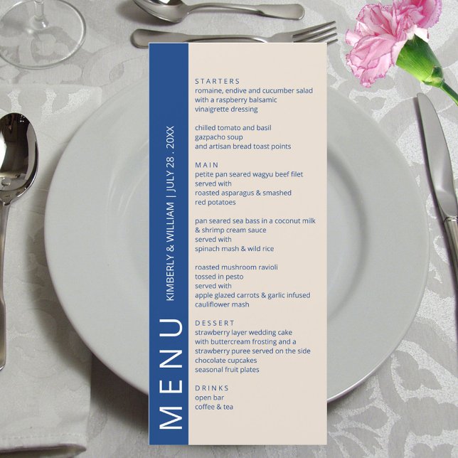 Menú Marseille Bleu Boda de la cena de ensayo moderno (Marseille Bleu Modern Wedding Menu Card - Custom Wedding Reception Rehearsal Dinner Menu)