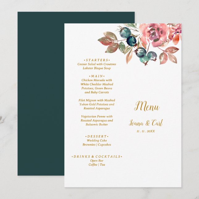 Menú MARY Watercolor Rosa Emerald Green Boda (Anverso / Reverso)