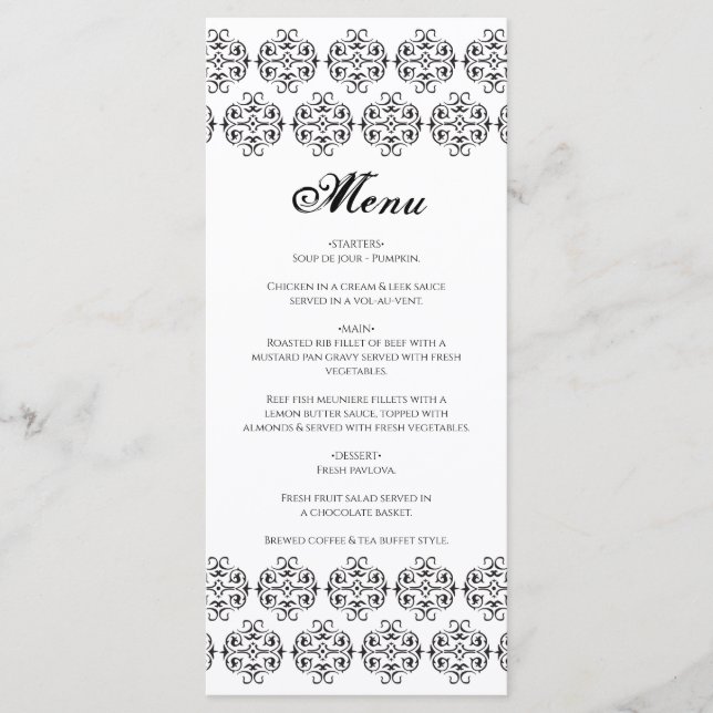 Menú Matrimonio de Damasco Vintage de caligrafía blanca (Anverso)