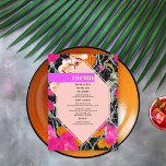 Menú Máximo Boda floral moderno con marmol<br><div class="desc">Forma geométrica rosa claro de 6 lados sobre naranja rosa y color melocotón floral moderno con un diseño marbleizado oscuro. Texto rosado "menú" sobre barra violeta brillante con texto negro debajo.</div>