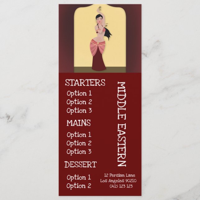 Menú medio-oriental de la cena del restaurante (Anverso)