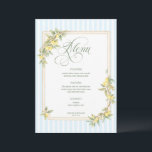Menú Mediterranean Lemon Coastal Stripe Wedding<br><div class="desc">Elevate your place settings with this elegant lemon-themed wedding menu, designed to coordinate beautifully with your citrus-inspired suite. Featuring soft blue-and-white stripes, a delicate watercolor lemon-and-greenery border, and graceful script typography, this menu brings a fresh Mediterranean charm to each table while showcasing your meal in refined style. Perfect for coastal,...</div>