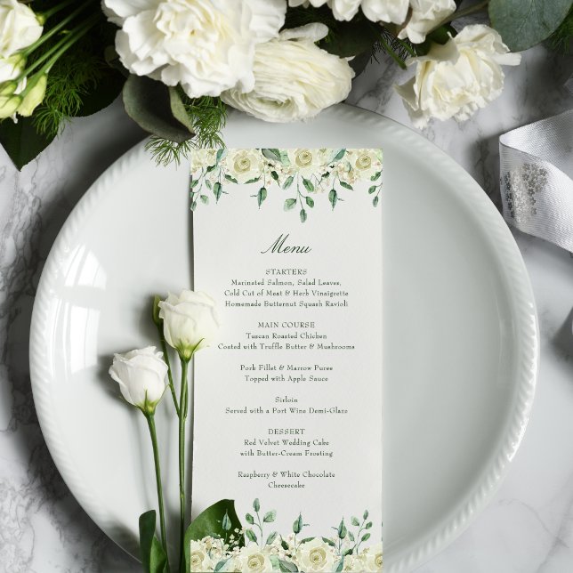 Menú Megan Elegant White Flowers Greenery Boda (The elegant Megan wedding menu is perfect for a wedding in any season with its neutral color palette)