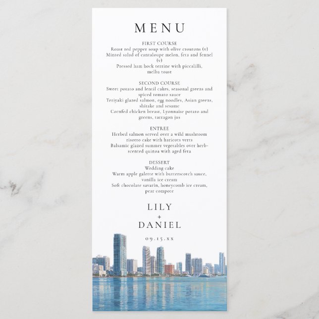 Menú Miami Skyline Watercolor Destination Wedding (Anverso)