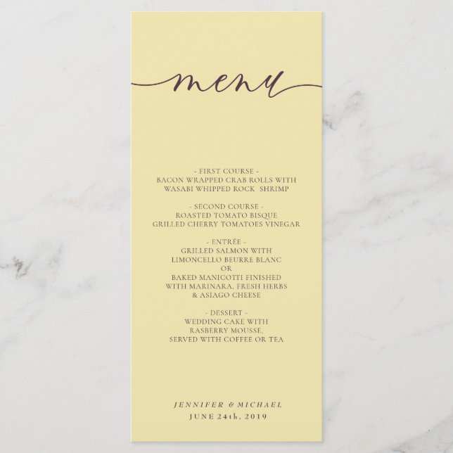 Menú Midnight Fig & Champagne Script Wedding Dinner (Anverso)