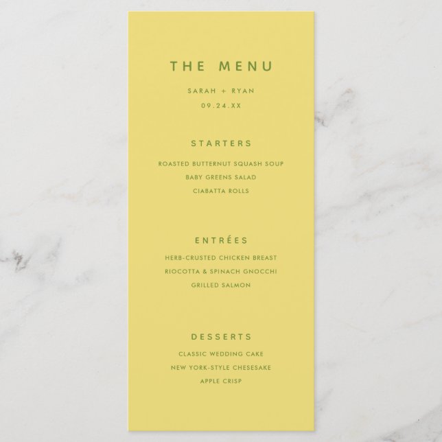Menú Minimal Modern Lemon Yellow Personalized Wedding (Anverso)