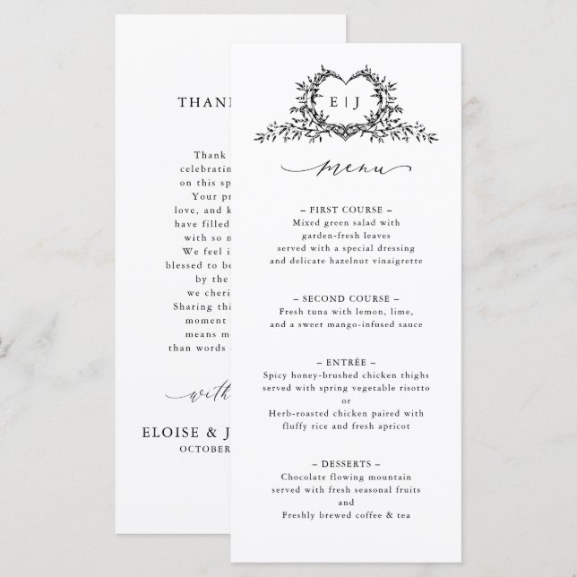 Menú Minimalist Calligraphy Crest Double-Sided Wedding (Anverso / Reverso)