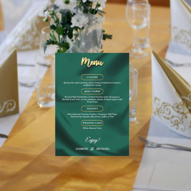Menú Minimalist Elegant Emerald & Gold Script Wedding  (Subido por el creador)