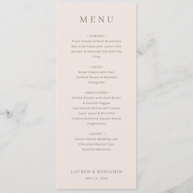 Menú minimalista beige elegante (Anverso)