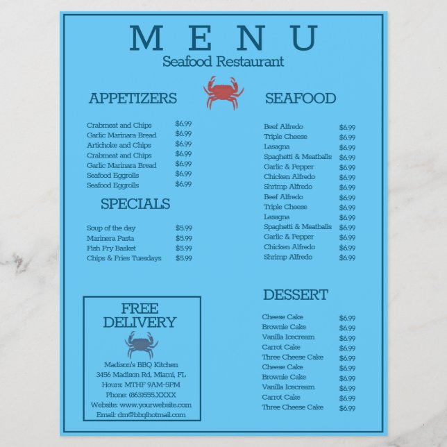 Menú minimalista del restaurante asador de marisco (Frente)