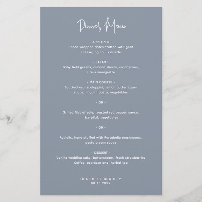 Menú minimalista Dusty Blue Modern Boda (Anverso)
