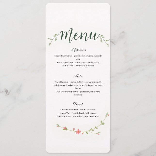 Menú Minimalista Floral para Restaurante o Boda (Anverso)