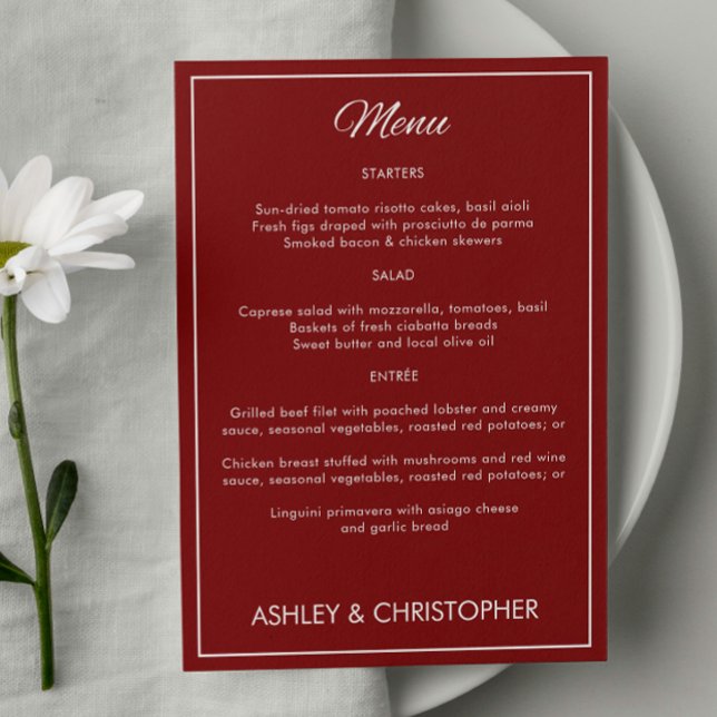 Menú Minimalista Script Crimson Red Wedding Reception (Subido por el creador)