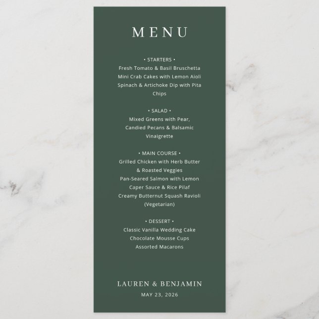 Menú minimalista verde elegante (Anverso)