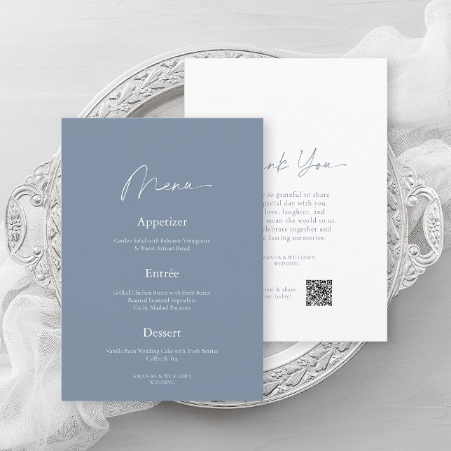 Menú mínimo de Boda azul turbio y tarjeta de agrad (Subido por el creador)
