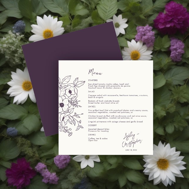 Menú Mínimo Floral Bo berenjena morado sobre Boda blanc (Subido por el creador)