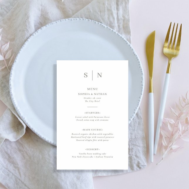 Menú mínimo y Moda de Boda blanco y verde sabio (A simple, elegant wedding menu in white and sage green with your monogram)