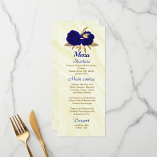 Menú moda boda floral de oro azul real