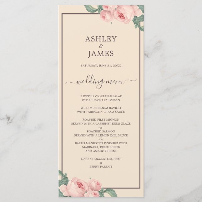 Menú Moda Boda rosa rosa rosa rosa marfil borgoña (Anverso)