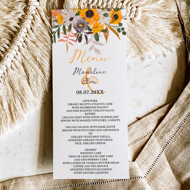 Menú Moda Boho naranja rústico girasoles boda (Subido por el creador)