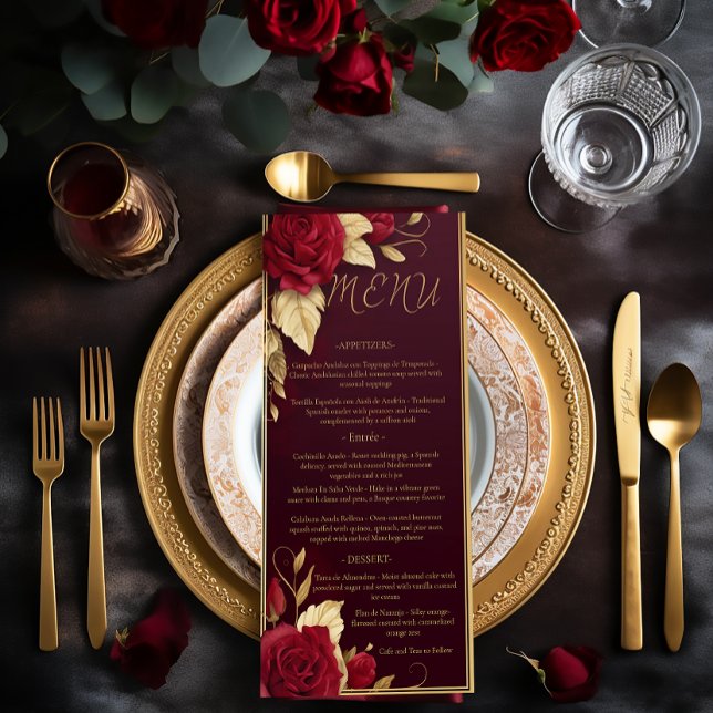 Menú Moda Borgoña y Boda Rojo Español Oro (Chic Elegant Wedding Red Burgundy Gold Menu)