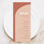 Menú Moda durazno arco de terracota Comamos boda<br><div class="desc">¡Comamos! menú boda o fiesta de recepción. Minimalista pero sorprendente: adoptar este diseño tipográfico ligeramente retro y elegante para su papelería boda,  con un diseño de arco moderno y colores de terracota y naranja quemado. Personalizable completo de texto,  colores y fondos.</div>