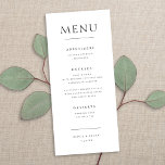 Menú Moda Elegante Recepción de Boda de Tipo Minimalist<br><div class="desc">Este clásico-moderno menú de boda presenta un fondo blanco moda con una elegante tipografía negra. ¡Es el diseño perfecto para cualquier boda elegante y moderno! Vea la colección para coordinar elementos.</div>