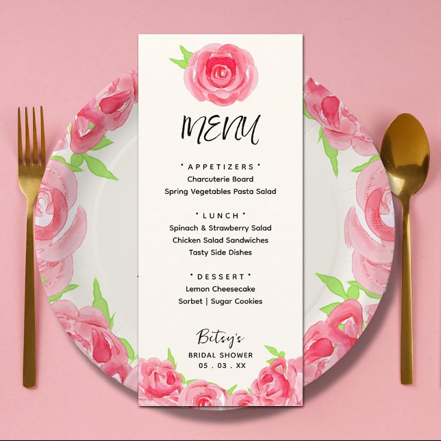 Menú Moda Flores acuáticas Derby Bridal Shower (Chic watercolor roses floral Derby-themed bridal shower menus (plates sold separately))