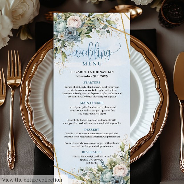 Menú Moda Flores azul turquesa Boda dorado blanco (Chic Dusty Blue Flowers White Gold Wedding Menu

)