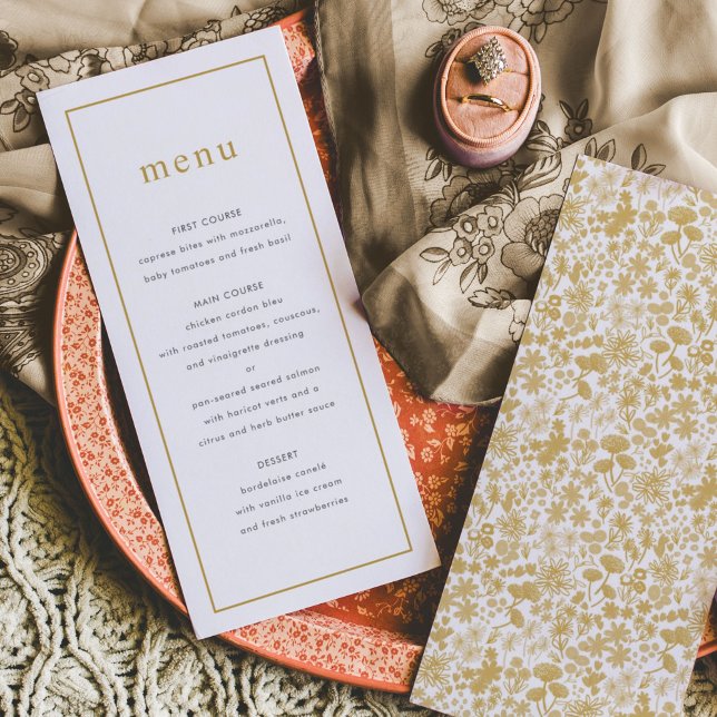 Menú Moda Golden Ditzy Boda Floral (Ditzy watercolor floral wedding menu.)