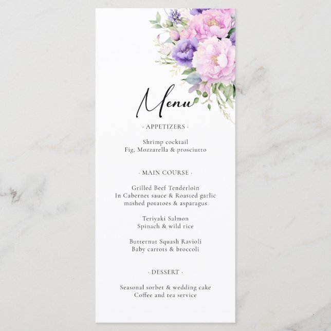 Menú Moda Lavanda Púrpura Boda Floral Violeta Rosa (Anverso)