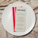 Menú Moda moderna Tipografía audaz Boda simple<br><div class="desc">Este moderno menú boda, con un toque muy agradable en las mesas de recepción, propone una tipografía audaz de moda con una bonita paleta de colores. La parte delantera es minimalista y sencilla, y a continuación, se le da la vuelta para obtener una ráfaga de color con rayas rosas y...</div>