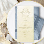 Menú Moda Monograma Boda Champagne Cream Watercolor<br><div class="desc">Deliciosa carta de boda con champagne y color crema acuático, con un elegante monograma botánico de mano con iniciales de la pareja, sobre un exquisito fondo acuático en una bonita mezcla de champán, marfil, crema de mantequilla y tonos dorados. Diseño con detalles caligráficos. Fácil de completar la plantilla con sus...</div>