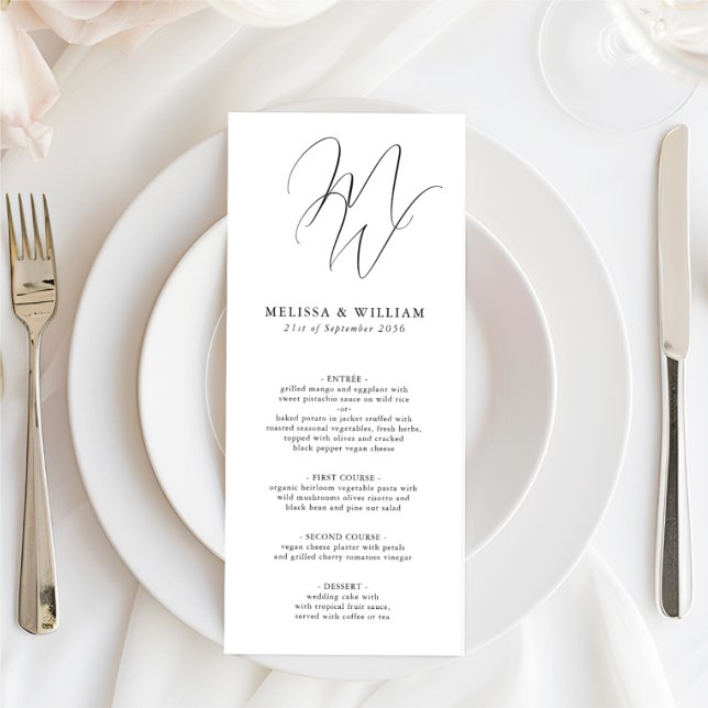 Menú Moda Monograma Iniciales Boda blanco negro (Elegant Double Initial Monogram Wedding Menu in Black & White View the full Wedding Invitation Suite)
