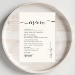 Menú Moda Script Cream Wedding Recepción<br><div class="desc">Menú de cena de la recepción de bodas con crema de moda que incluye "menú" en un guión de caligrafía con chispas,  menú personalizado en tipografía sencilla y moderna,  sus nombres unidos por un corazón y la fecha de recepción.</div>