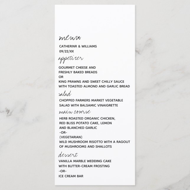 Menú Modern Black & White Minimalist Script Wedding (Anverso)