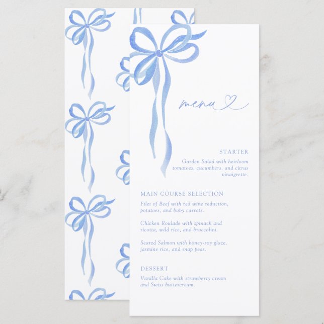 Menú Modern Blue Bow Watercolor Script Bridal Shower (Anverso / Reverso)