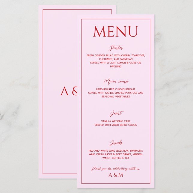 Menú Modern blush pink and red minimalist wedding (Anverso / Reverso)