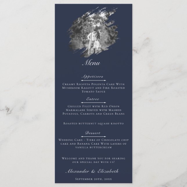 Menú Modern Brushstroke Photo Wedding | Navy Blue (Anverso)
