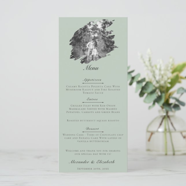 Menú Modern Brushstroke Photo Wedding | Sage Green (Anverso de pie)