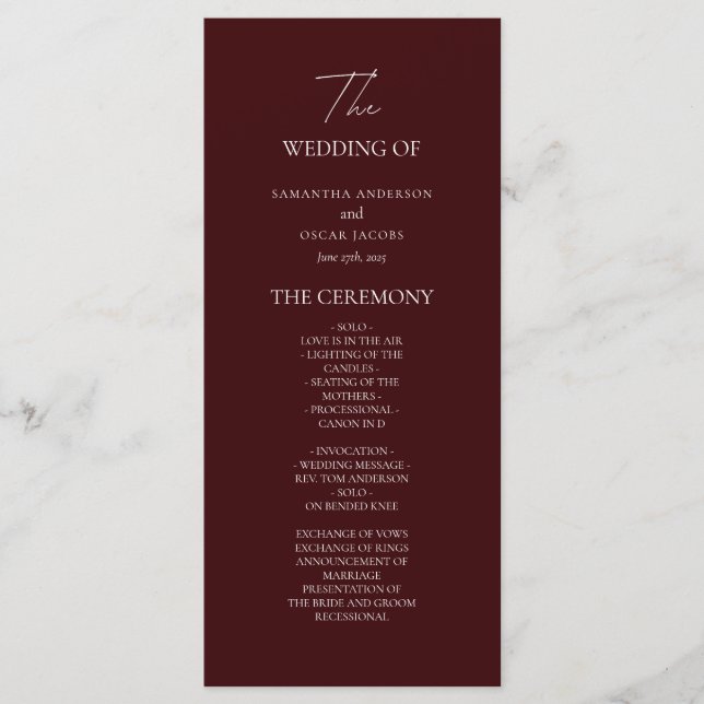 Menú Modern Burgundy Wedding Ceremony Program | (Anverso)