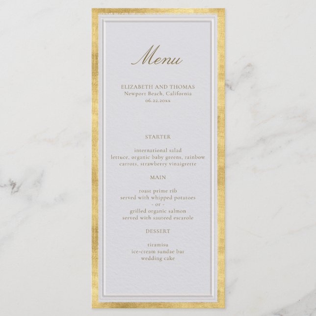 Menú Modern Classic Elevated Gold Ivory Formal Wedding (Anverso)